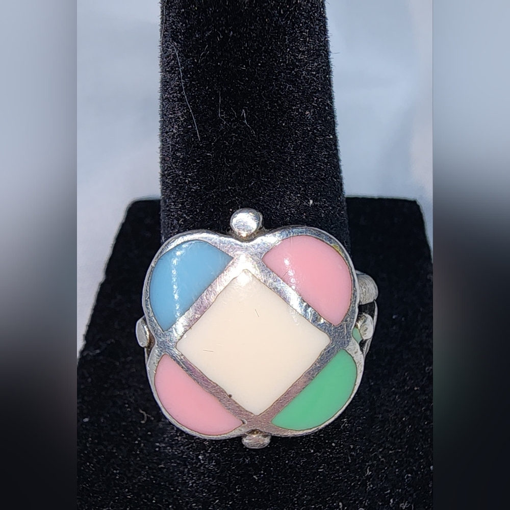 Sterling Silver Ring with Colorful Enamel Sections. SZ 7.75
